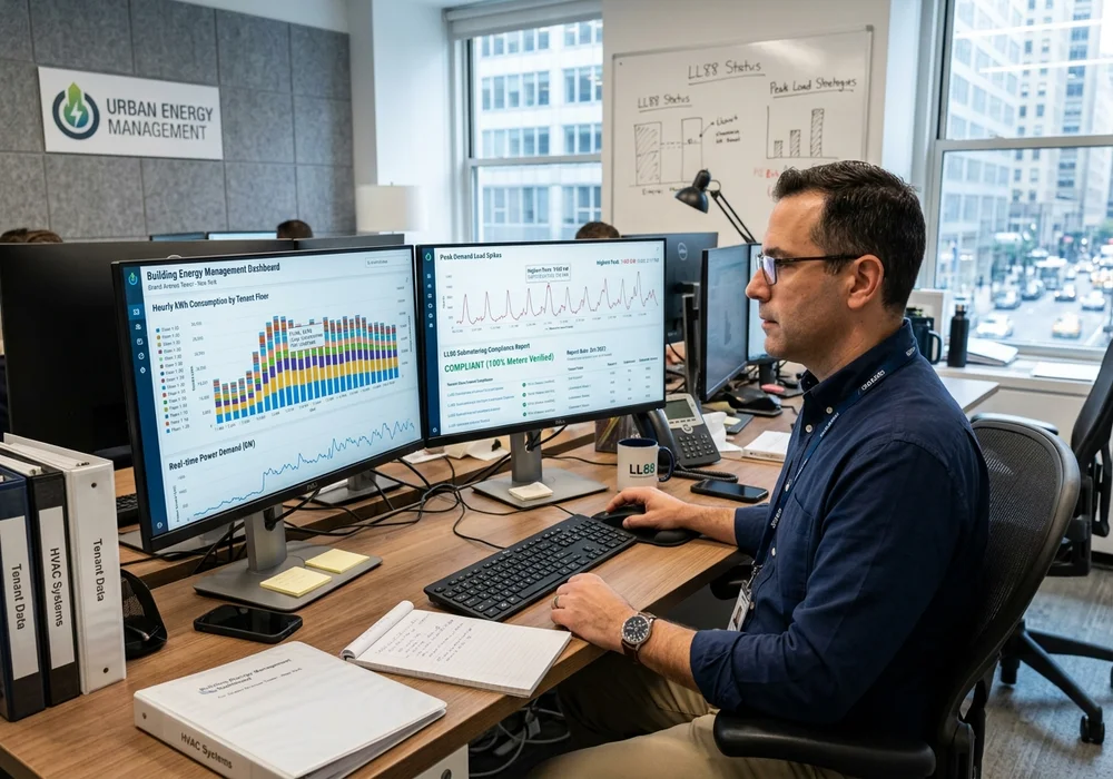 Facility Energy Manager Reviewing Multi-Tenant Submetering Dashboard and LL88 Compliance Data