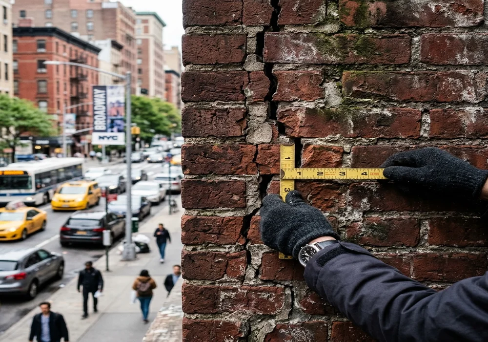 Close up view of building facade brickwork deterioration requiring public protection sidewalk shed scaffolding