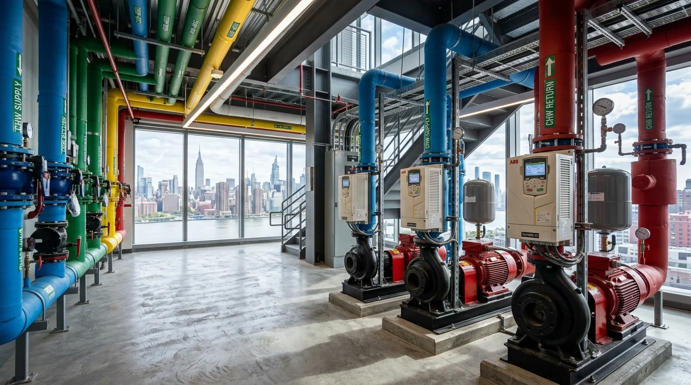 Modern Commercial Mechanical Room in NYC with Chilled Water Pumps Equipped with Variable Frequency Drives
