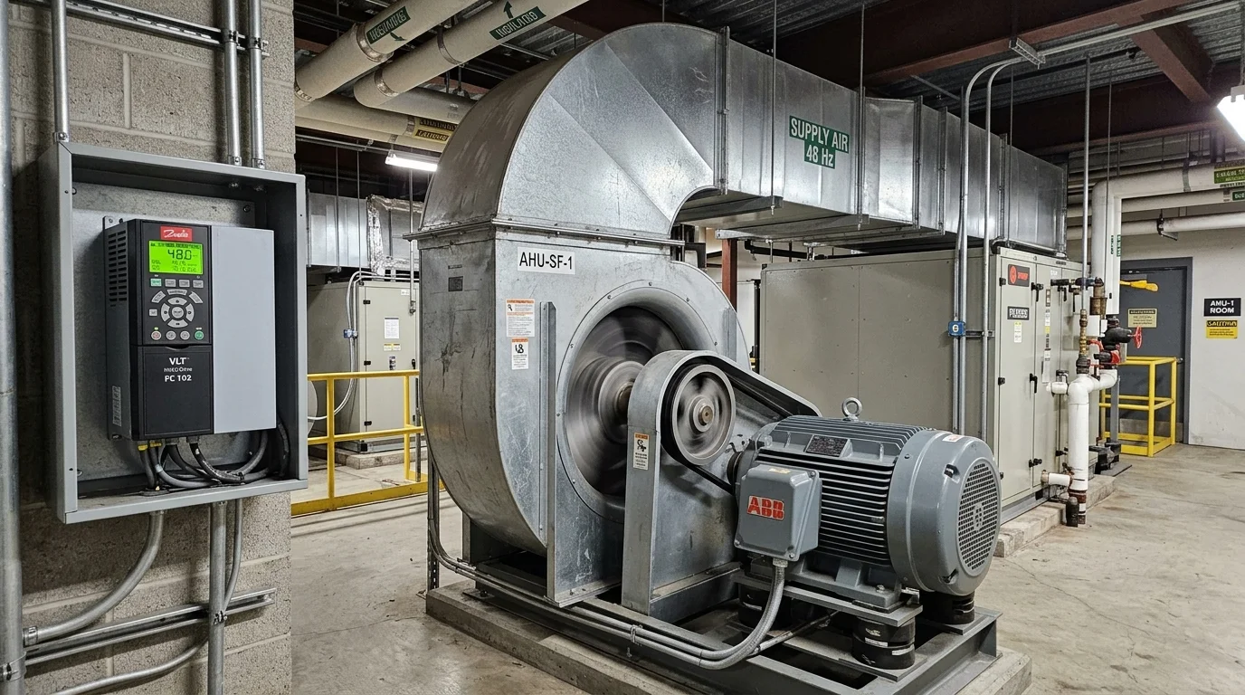 Variable Frequency Drive Controller Panel Mounted Next to Commercial AHU Supply Fan Motor