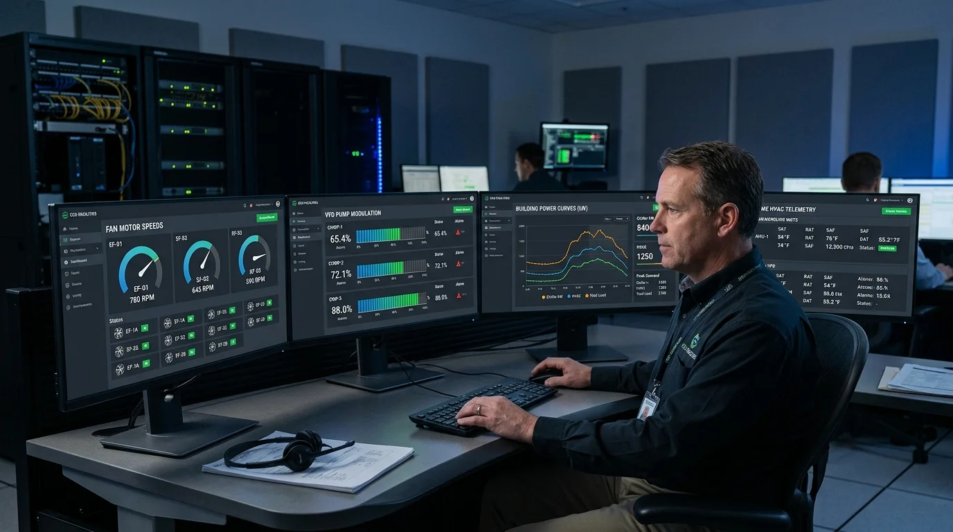 Facility Engineer Monitoring VFD Pump Modulation and Real-Time Building Power Curves on BMS Dashboard