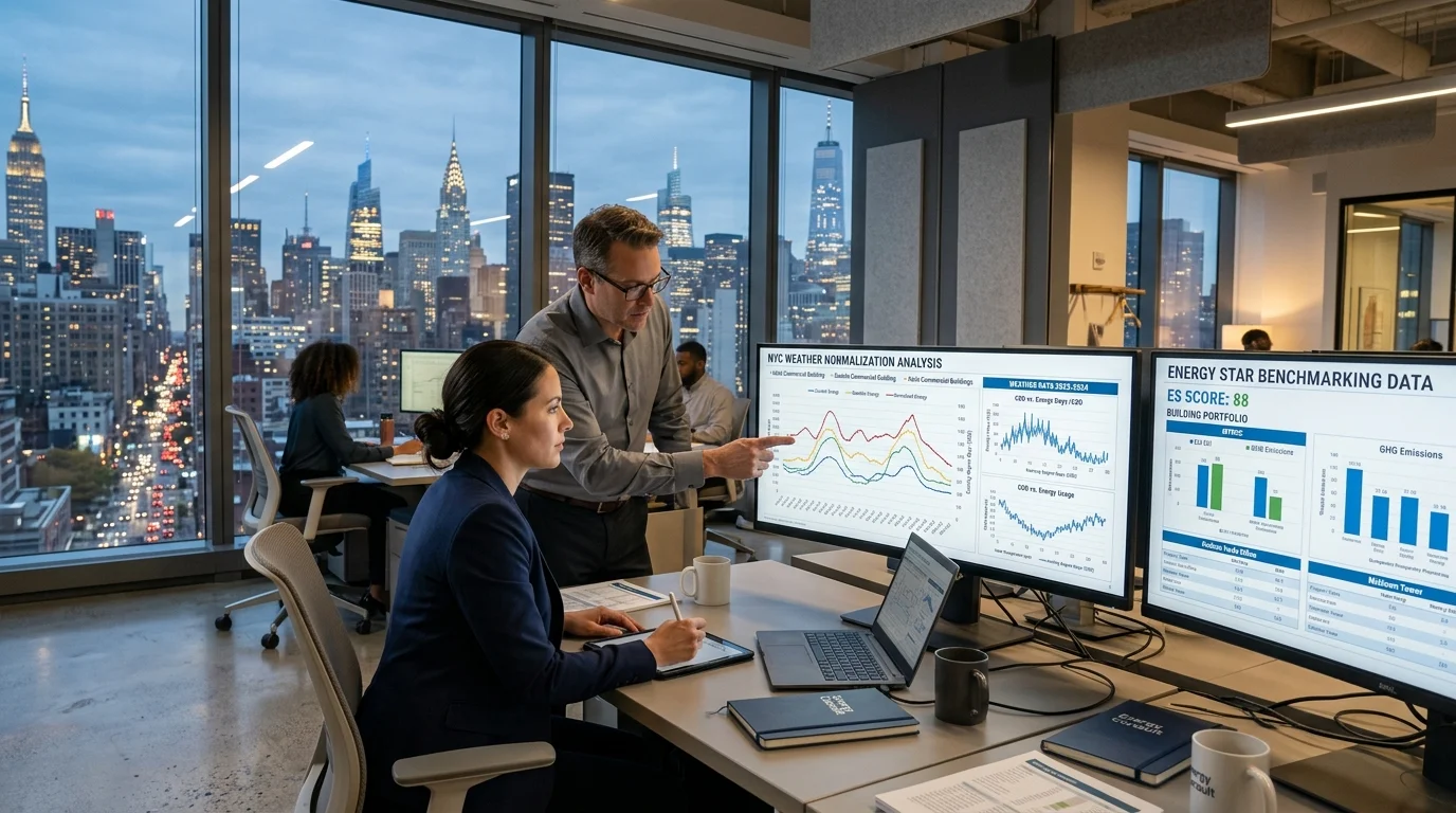 Energy Consultants Analyzing Weather Normalization Charts and NYC LL84 Benchmarking Scores