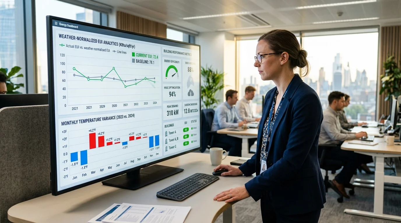 Energy Engineer Reviewing Weather Normalized EUI Analytics and Temperature Variance Dashboard