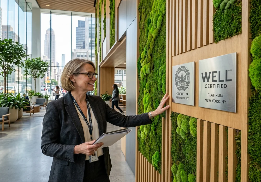 Architectural Sustainability Director in Biophilic NYC Lobby Reviewing Dual LEED Platinum and WELL Certified Plaques