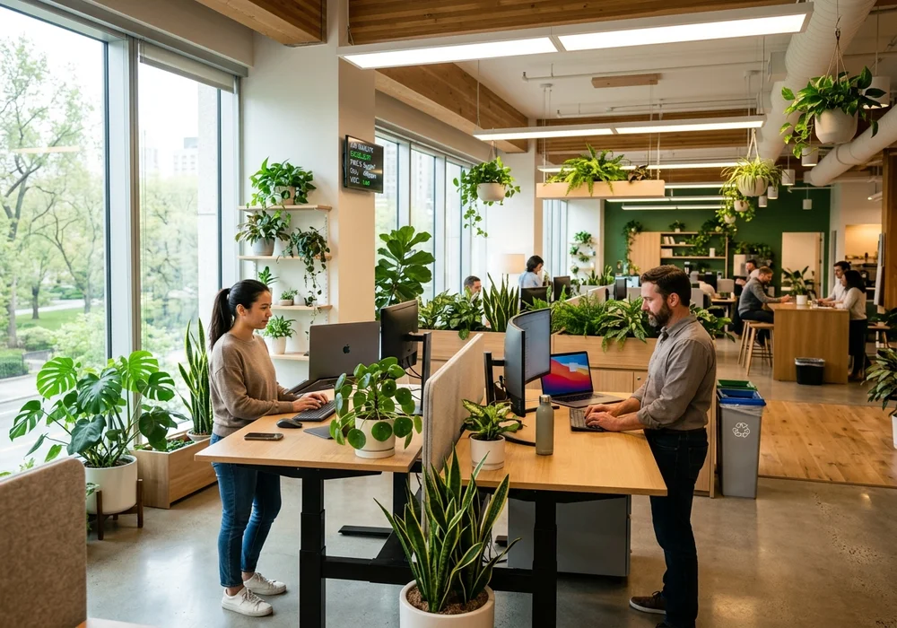 Healthy Commercial Office Workspace with Ergonomic Standing Desks, Biophilic Greenery, and Circadian Lighting