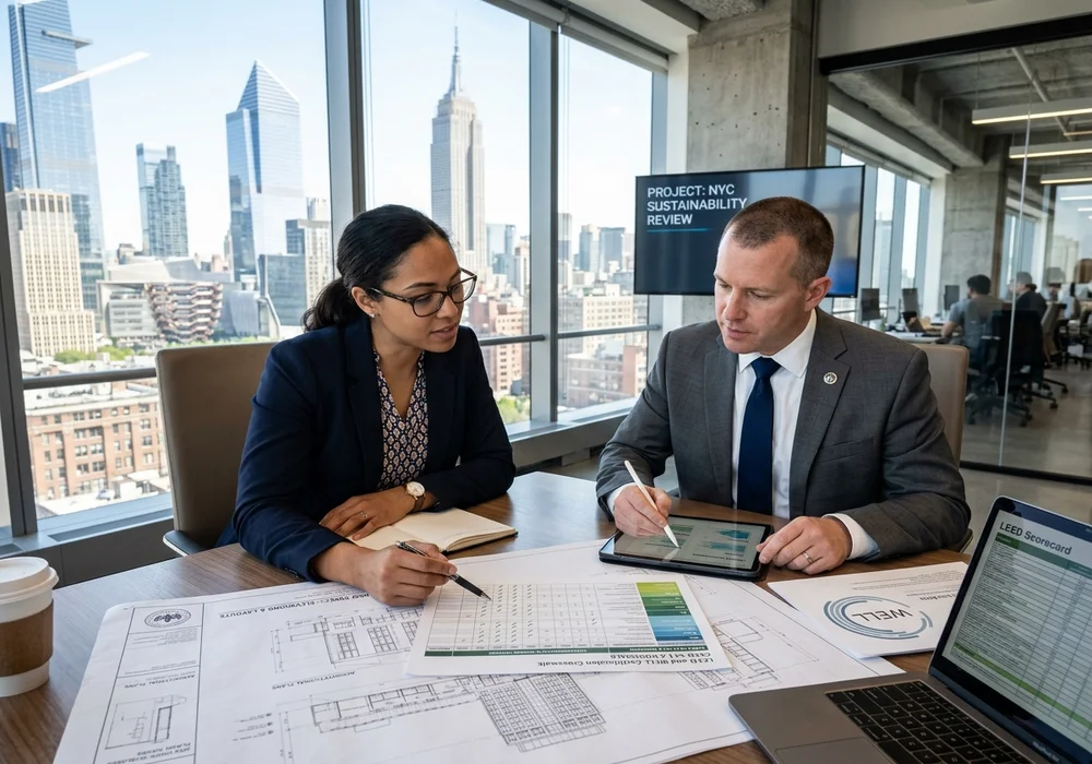 Architect and ESG Sustainability Consultant in NYC Office Reviewing Dual LEED and WELL Crosswalk Scorecards