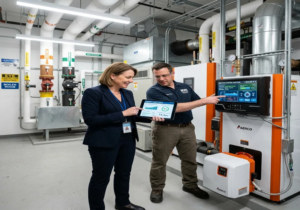 Property manager reviewing HVAC building energy performance and utility metrics on tablet