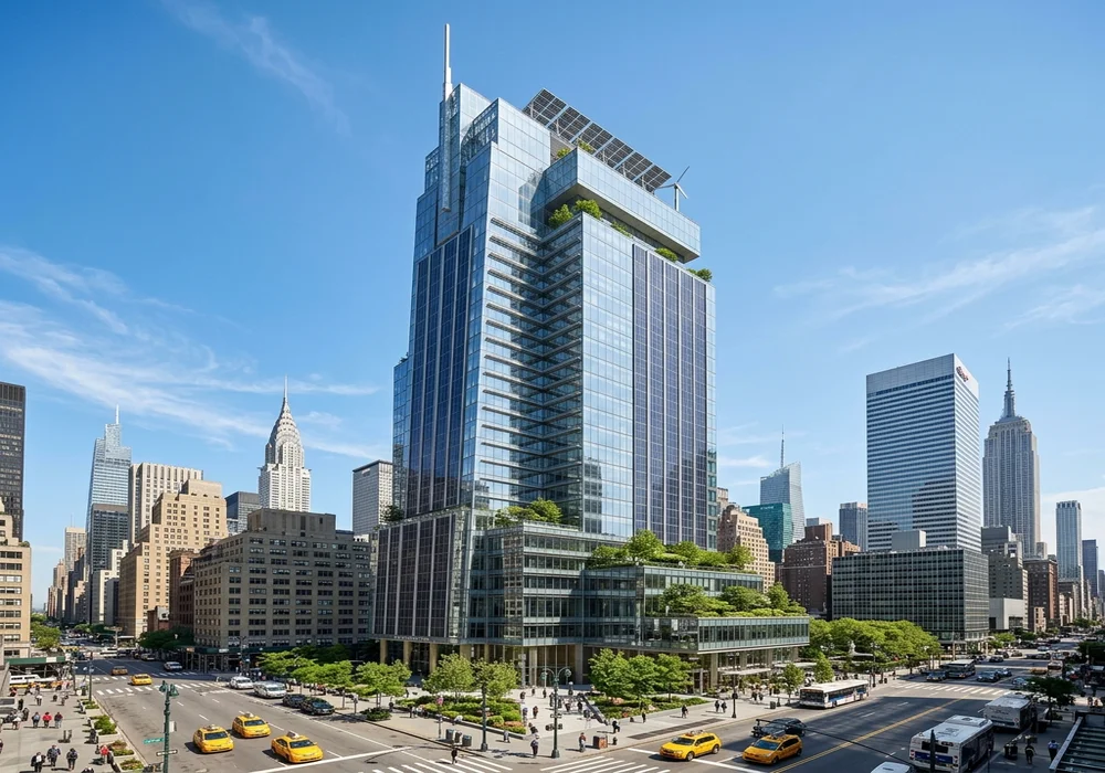 Modern sustainable commercial building in NYC showcasing green architecture and energy efficiency