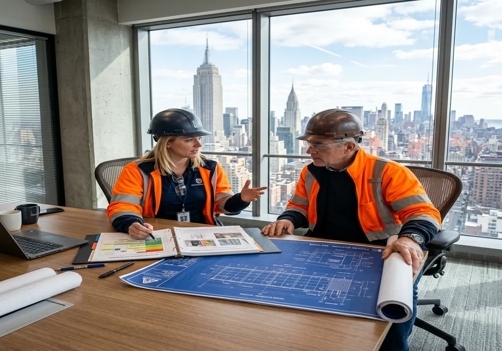 Qualified Exterior Wall Inspector QEWI reviewing facade plans in NYC