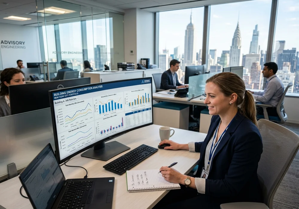 Energy Data Analyst Reviewing Multi-Fuel Energy Conversion Charts in NYC Engineering Office