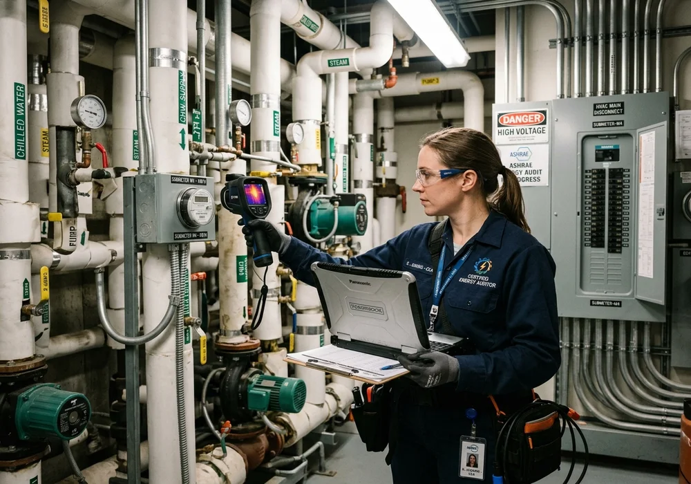 Certified Energy Auditor Taking Submeter Readings and Thermal Measurements in Commercial NYC Mechanical Room
