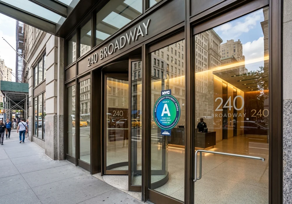 NYC Building Energy Efficiency Grade Decal displayed on building entrance glass door