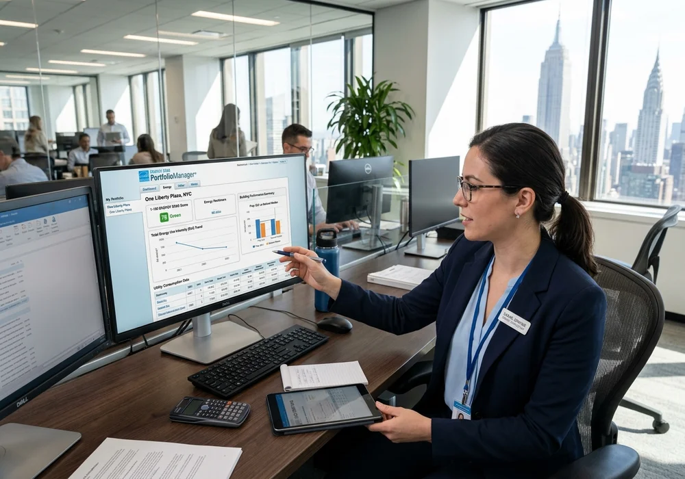 Energy consultant analyzing ENERGY STAR Portfolio Manager dashboard and benchmarking data