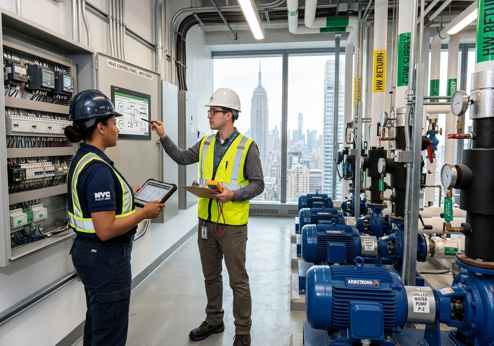 Facility manager and energy engineer inspecting smart building controls and pumps in an NYC mechanical room