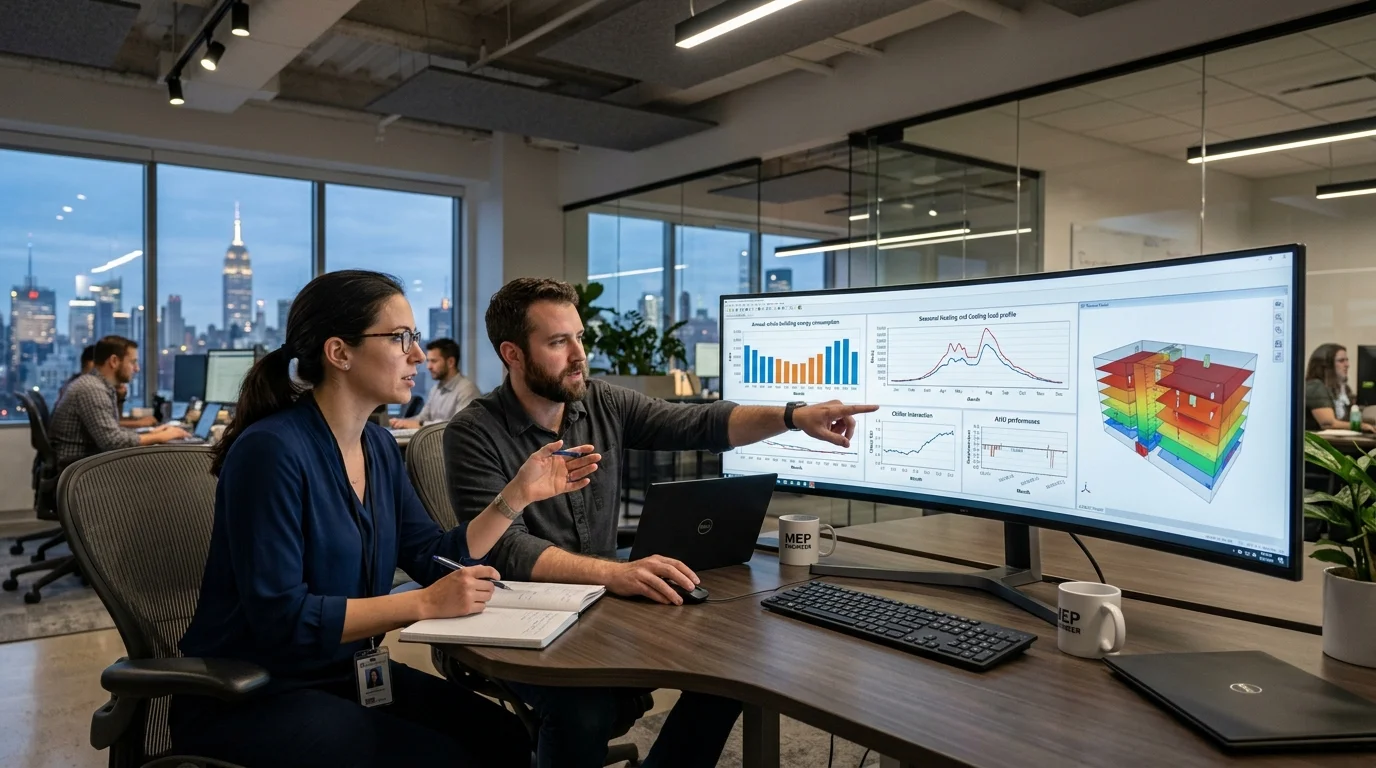 MEP Engineers Reviewing Whole-Building HVAC Energy Modeling Simulation on Workstation Screen