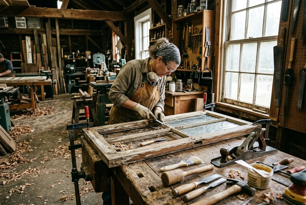 Master Craftsman Carefully Restoring Vintage Wood Window Sash in Historic Woodworking Studio