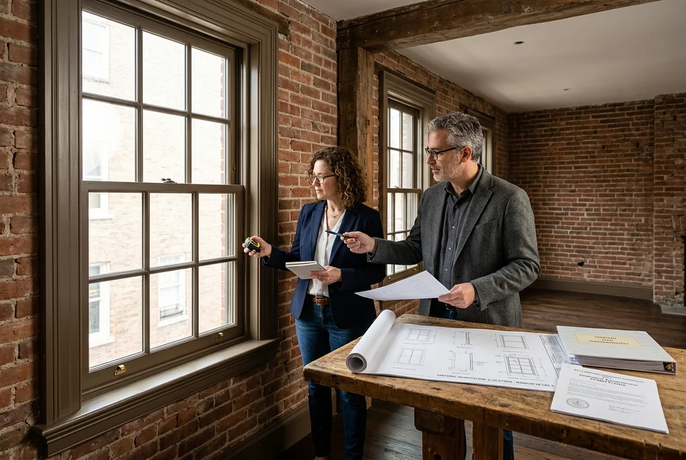 Architect and Preservationist Reviewing LPC Drawings Beside High-Performance Simulated Double-Hung Window